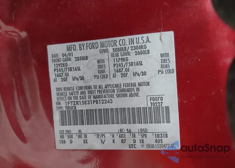 2001 Ford Ranger Edge/Xlt from USA, damaged, VIN 1FTZR15E31PB12243